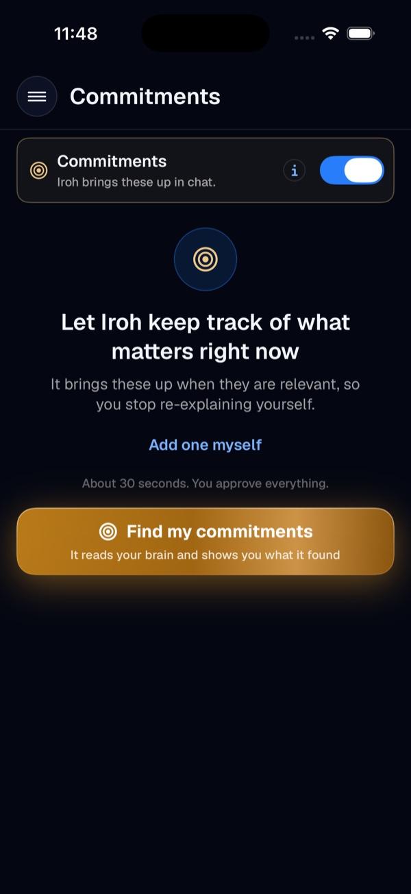 Iroh offering to read your brain and find what you have already committed to, with a note that you approve everything it finds.