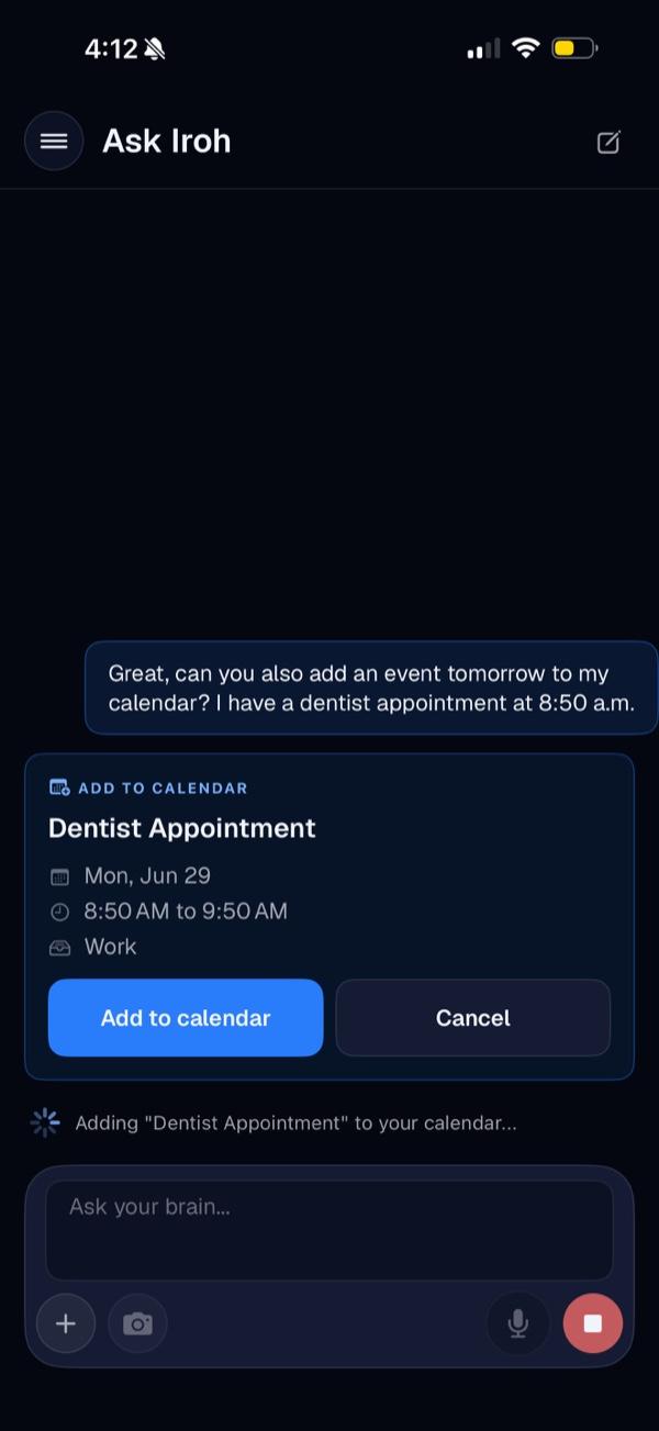 Iroh adding a dentist appointment straight to your calendar from a spoken request, using a connected calendar.