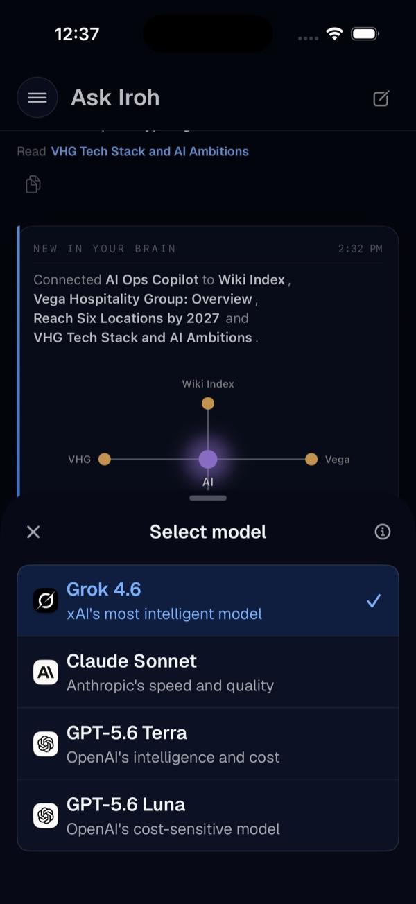 Choosing which model answers you in Iroh: Grok, Claude Sonnet, or either GPT-5.6 tier, shown over a brain update that just connected four pages, because the brain underneath is the same whichever one you pick.