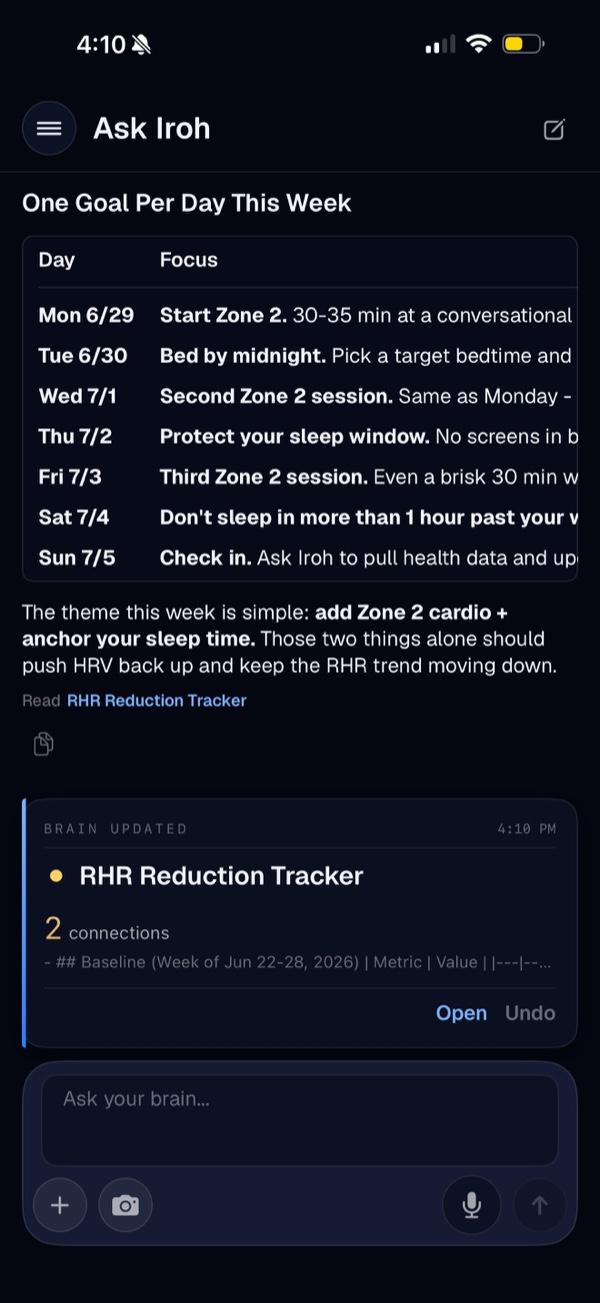 An Iroh living document: a one-goal-per-day plan for the week, kept current as your brain updates itself.