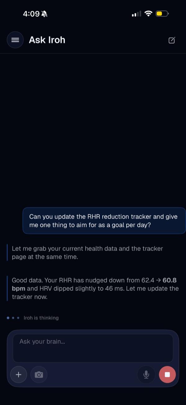 Iroh acting on a spoken request, reading your current health data and the right page before it answers.
